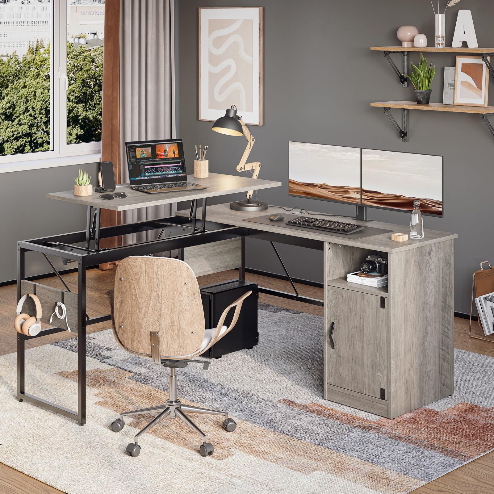 L Shaped Standing Desk Adjustable Height, 60" Corner Computer Desk with Storage