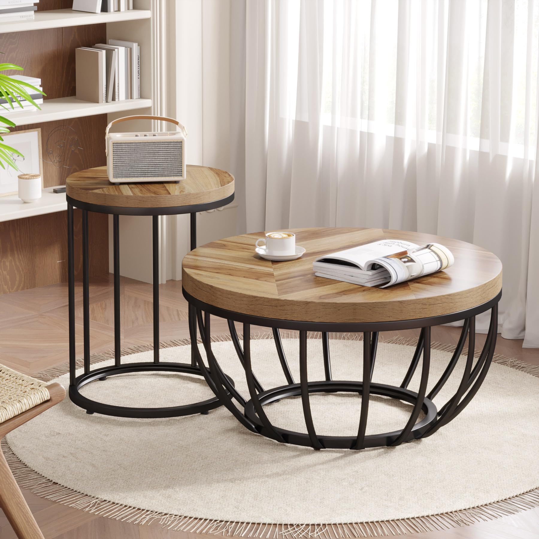 Round Coffee Table, 2 Pieces Nesting Tables with Metal Frame & Wooden Desktop