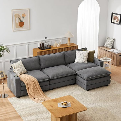 117.7" L-Shaped Modular Sectional Sofa with Built-in Charging Ports, Comfortable 3-Seater Cloud Couch