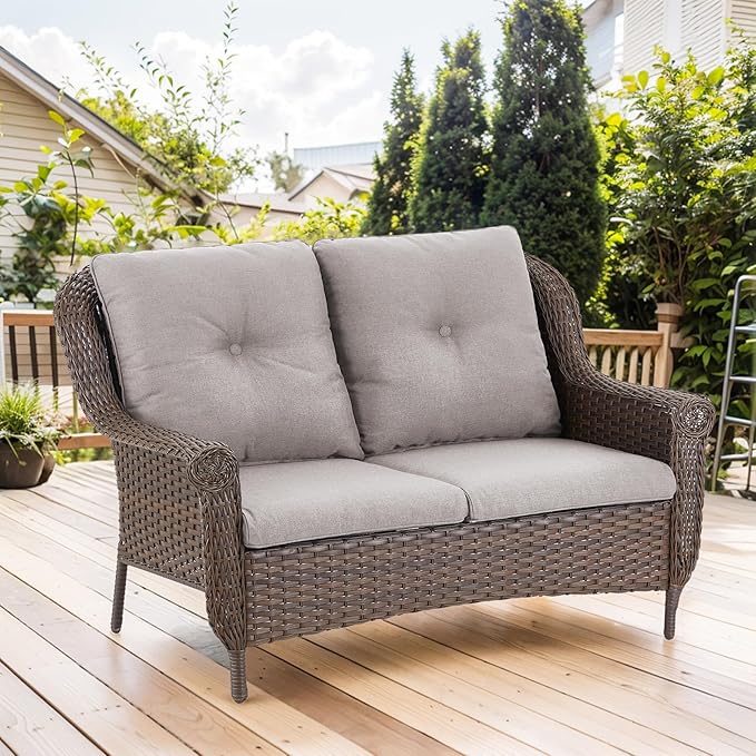 Patio Wicker Sofa Brown Rattan Loveseat Outdoor Couch