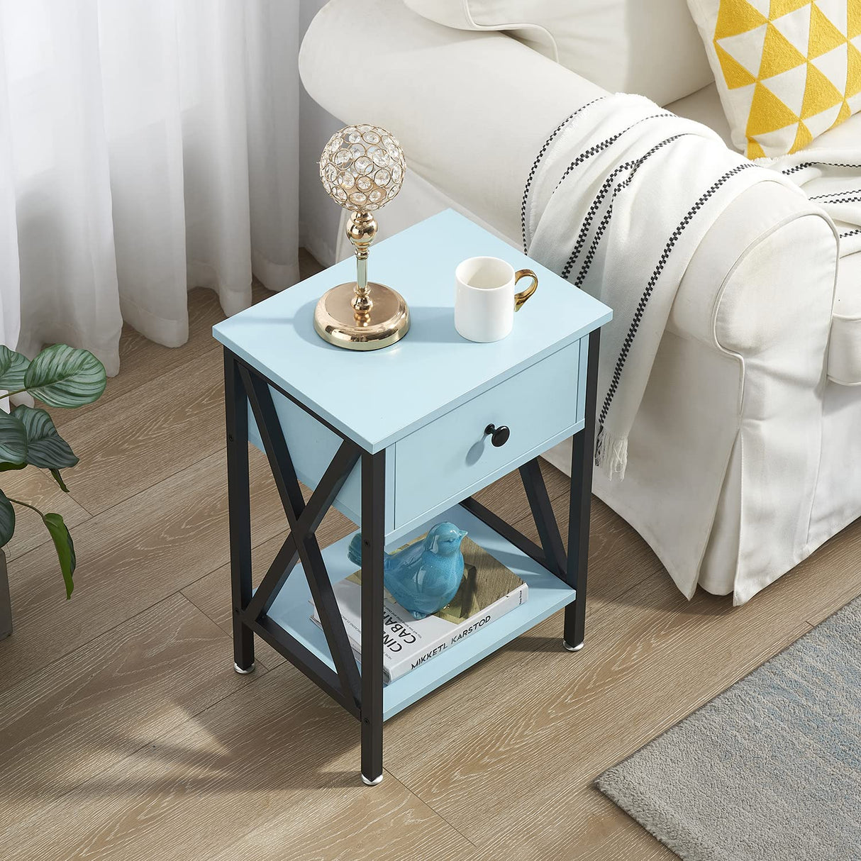 Modern Side End Table, Nightstand Storage Shelf with Bin Drawer for Living Room, Bedroom,