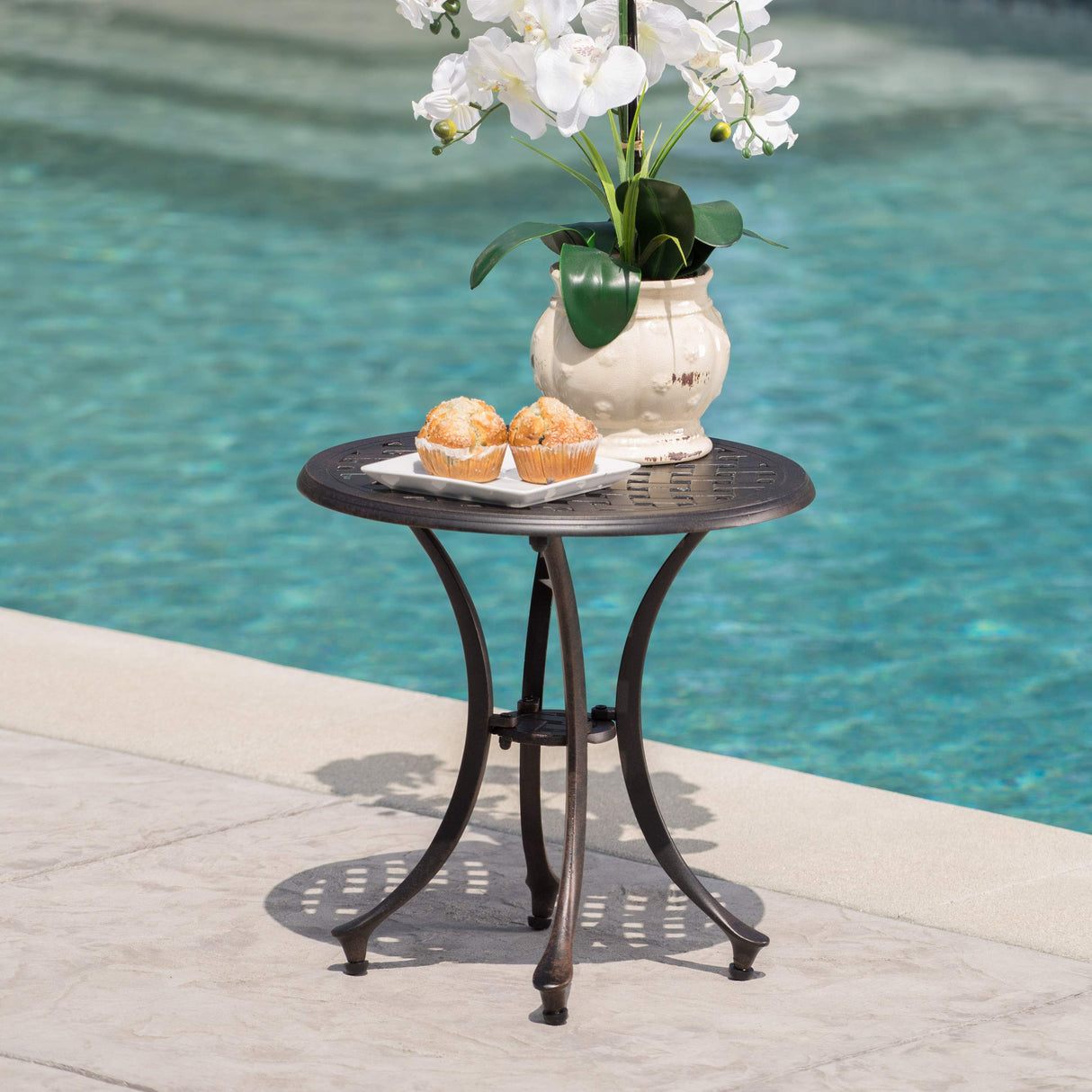 Lola Outdoor 19" Cast Aluminum Side Table, Bronze Finished