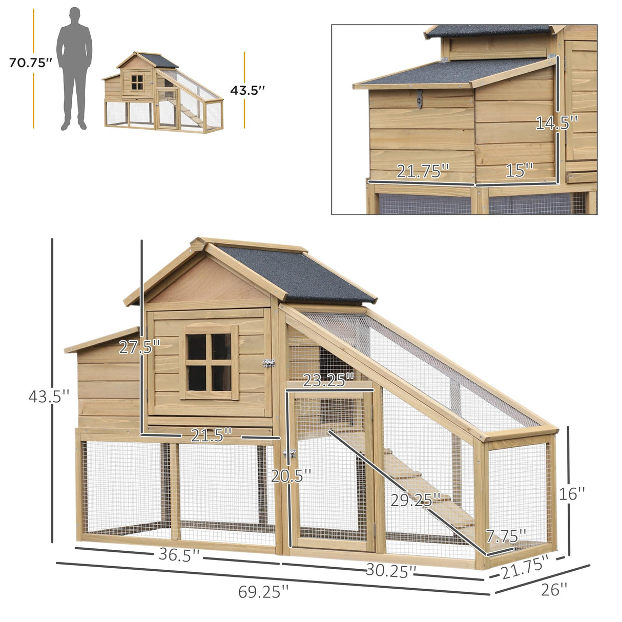 69" Wooden Chicken Coop, Poultry Cage Hen House with Connecting Ramp