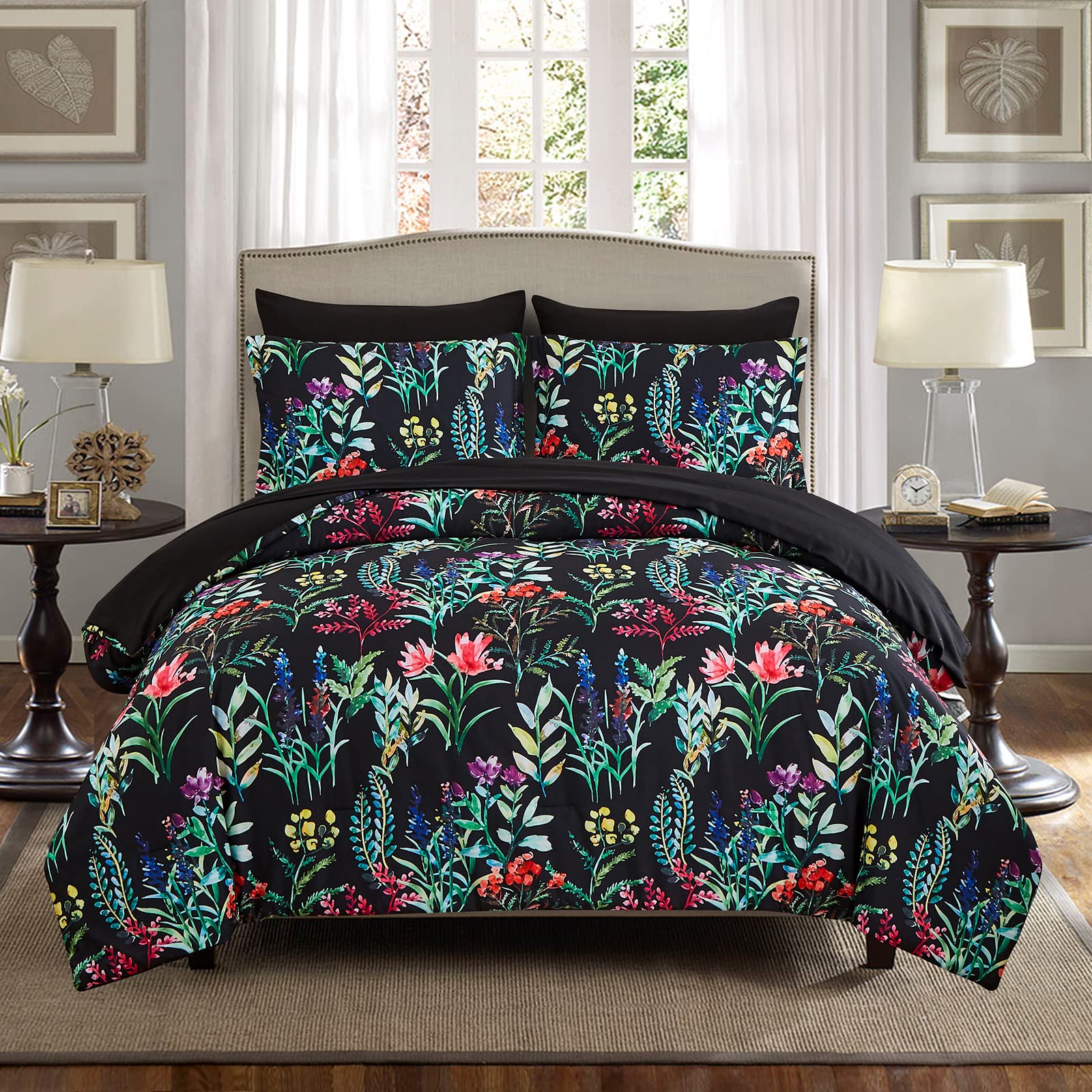 7 Piece Bed in a Bag Floral Comforter Set, Botanical Flowers Comforter and Sheet Set