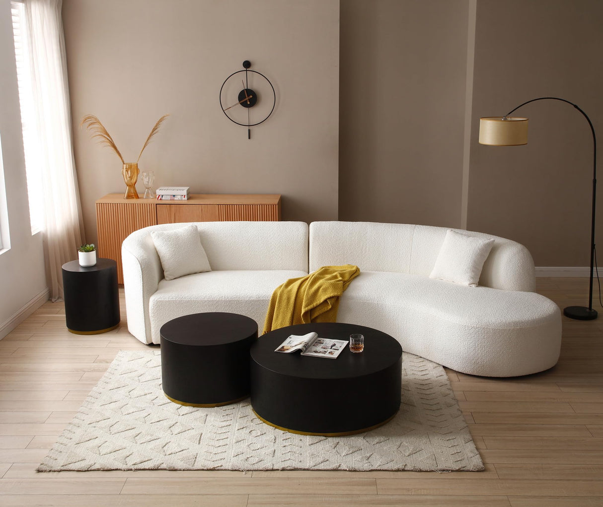 Classic Drum-Shape Living Room Table Contemporary Round Coffee Table End Table Black Wood Small Coffee Side