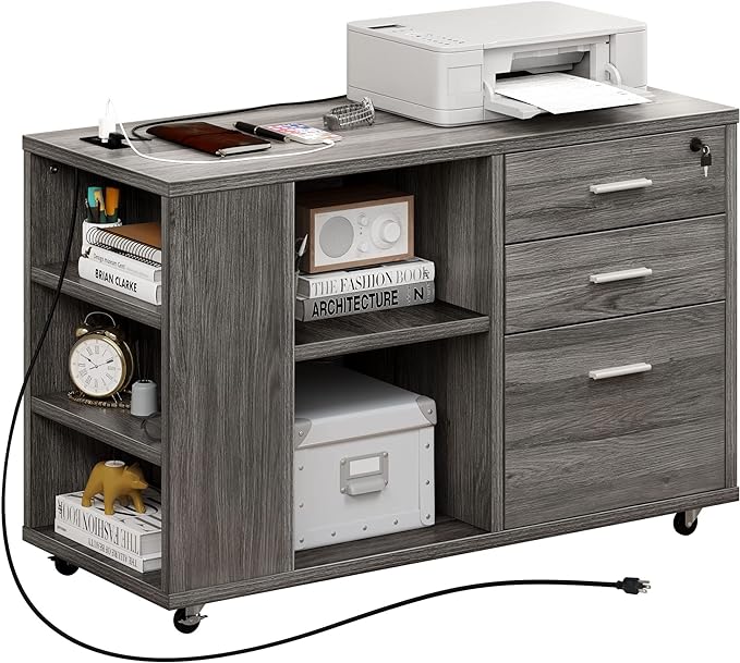 File Cabinet with Charging Station, Mobile Lateral Filing Cabinet with Lock