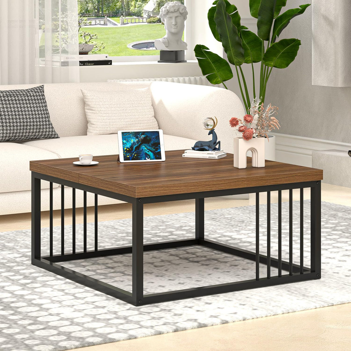 Square Coffee Table, Modern Center Table with Split Tabletop for Living Room