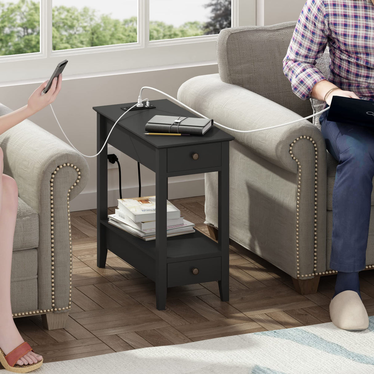 Side Table with Charging Station, Narrow End Table with Storage, 2-Drawer Nightstand