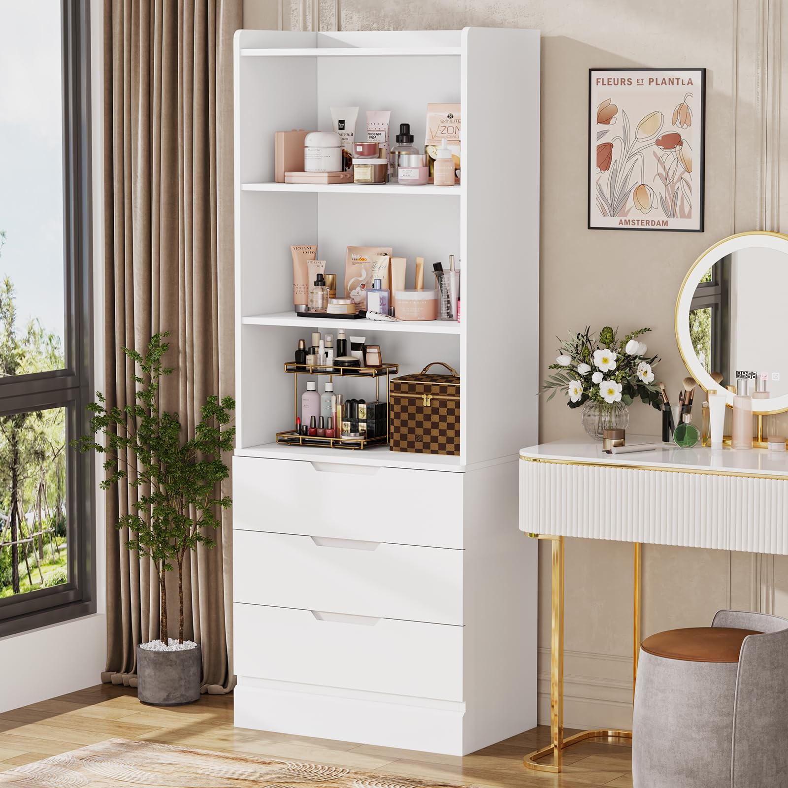 73.23'' Tall Storage Cabinet Bookcase with 3 Drawers and 3-Tier Open Shelves Wooden Bookshelf Kitchen Pantry