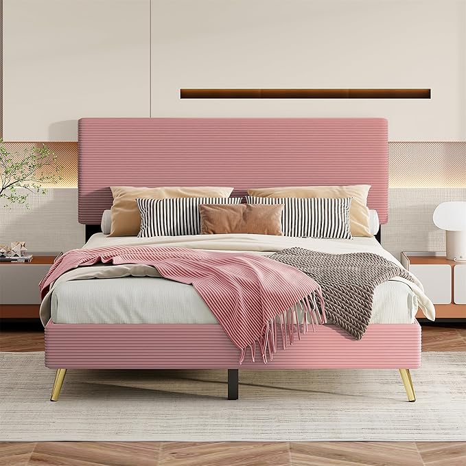 Queen Size Corduroy Upholstered Platform Bed Frame with Horizontal Stripe Headboard