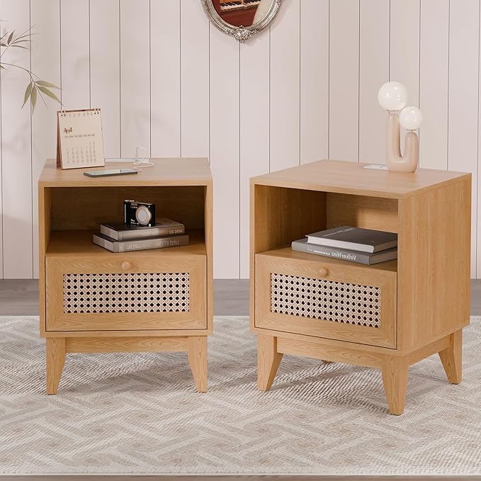 Modern Wicker Rattan Stand Set of 2, Rattan Stand with Drawer and Small Space