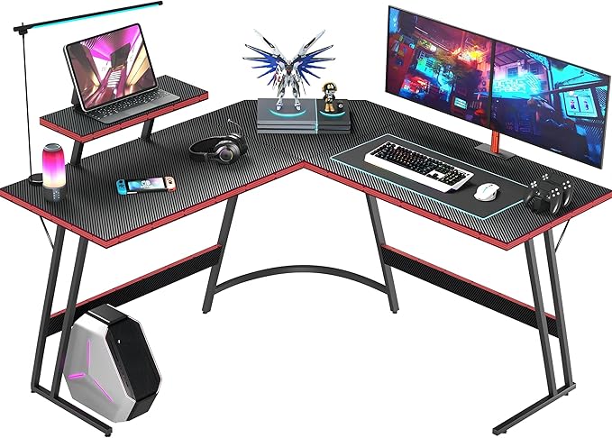 Gaming Desk 44 Inch Z Shaped Carbon Fiber Surface Desktop Computer Table with Cup Holder & Headphone Hook, Black