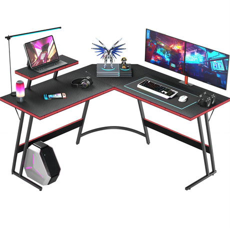 L Shaped Gaming Desk, 51 Inch Computer Corner Table with Large Monitor Stand & Carbon Fiber Surface for Home Office Study Writing Workstation, Black