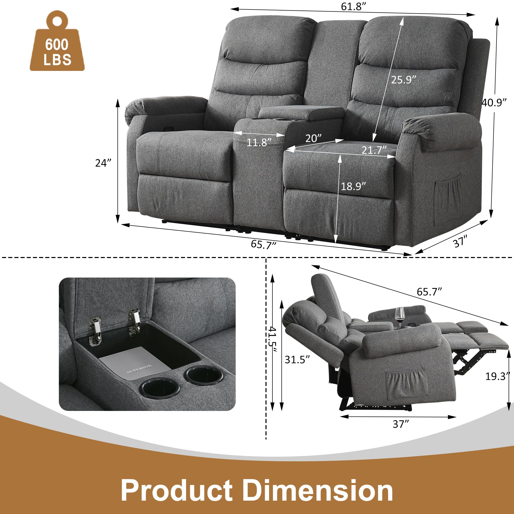 Manual Loveseat Recliner Sofa, Home Theater Seating with Console