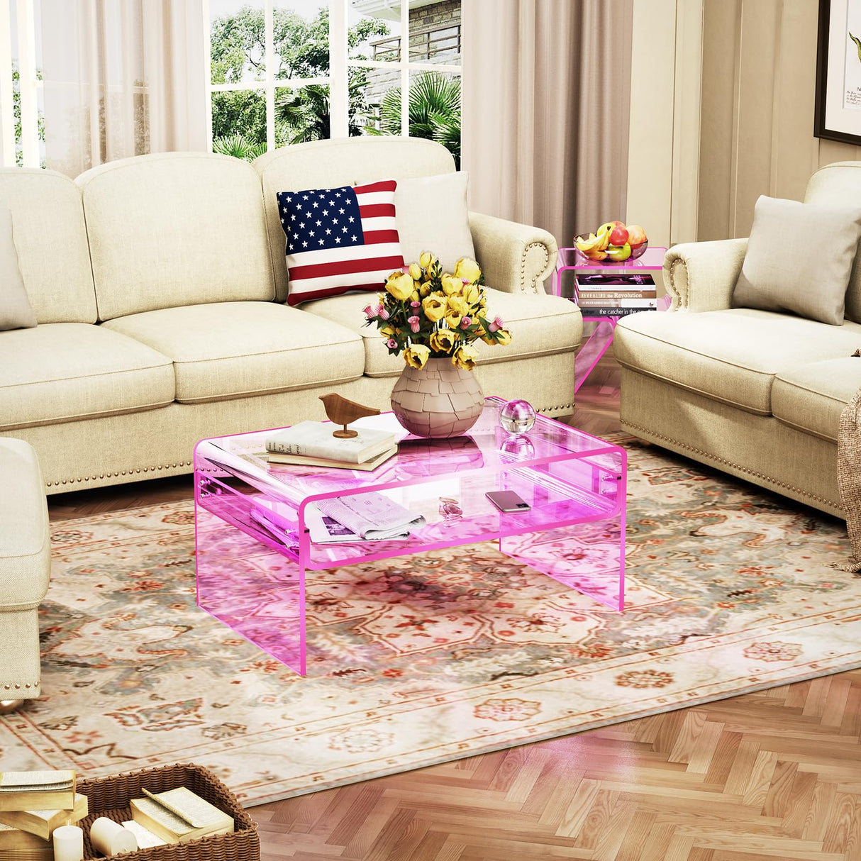 Nightstand Side Table Modern Design Clear Home Decor Display End Table for Living Room (Pink)