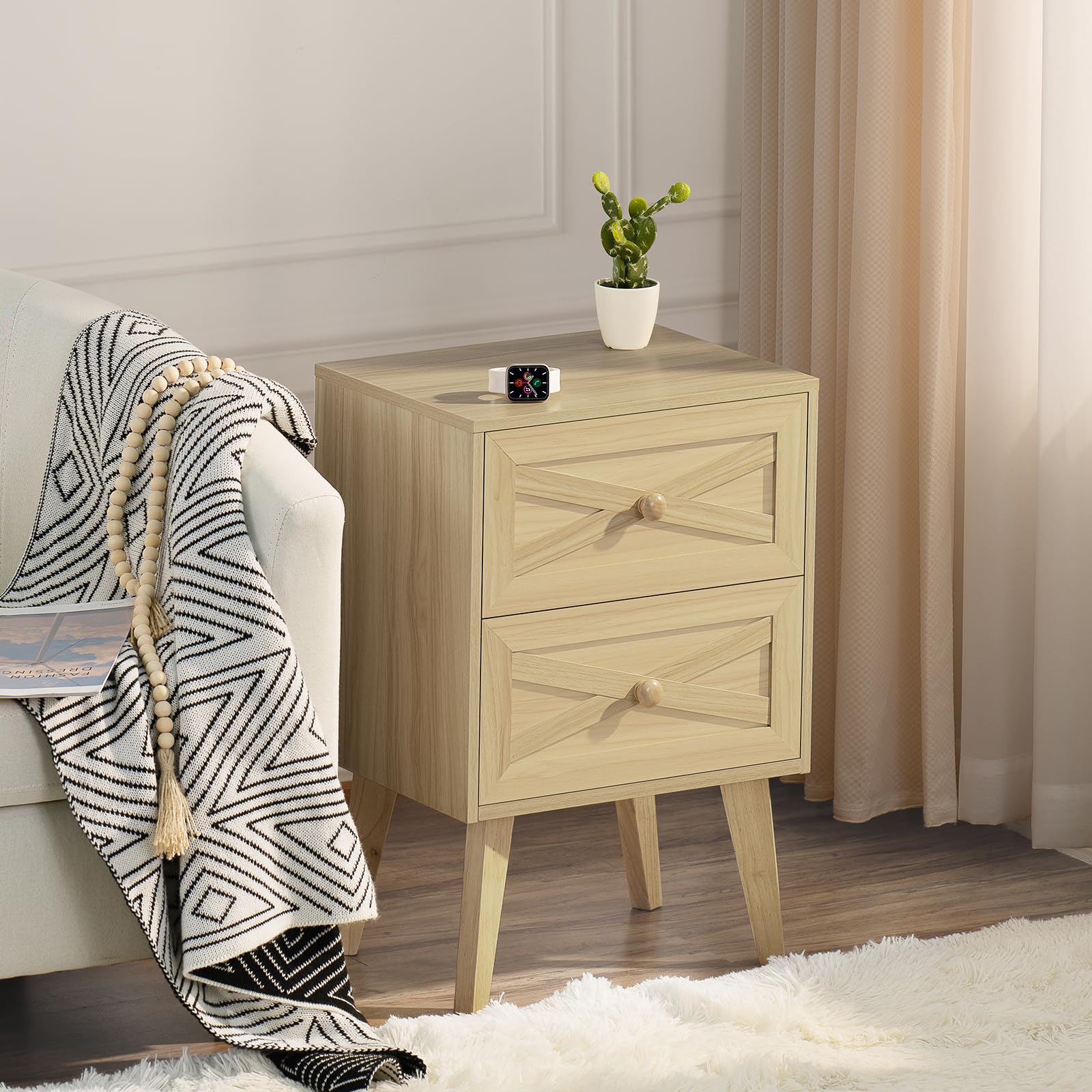 Nightstand, Natural End Table with 2 Drawers Barn Door Decorated, Mid Century Modern