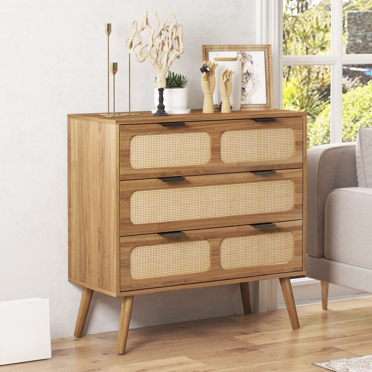 3 Drawer Dresser, Modern Rattan Dresser Chest with Wide Drawers and Metal Handles