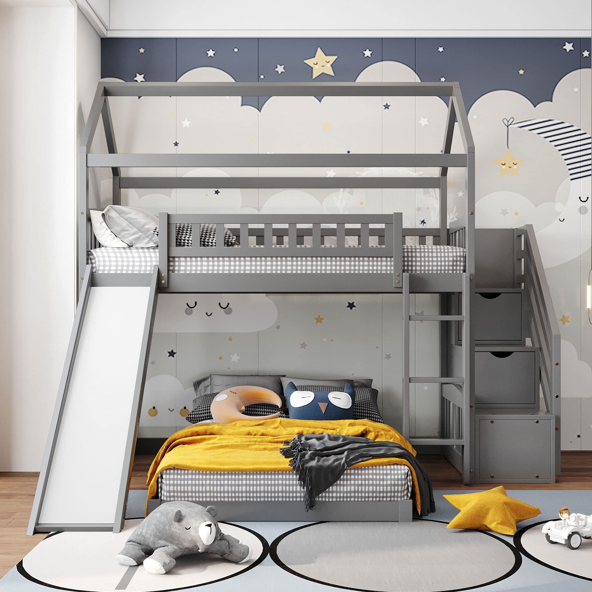 Twin Bunk Bed with Slide, Solid Wood Bunk Loft Bed Frame with Two Drawers Stairs