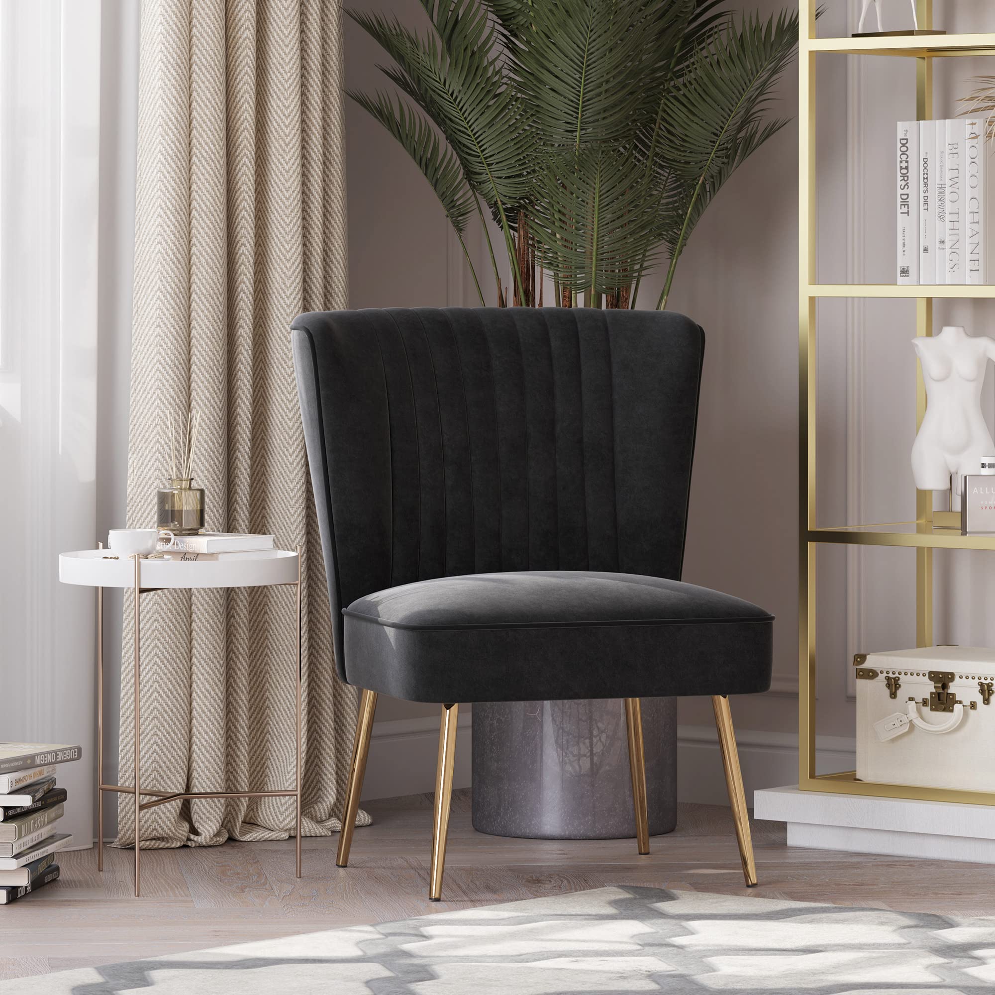 Modern Velvet Accent Chair, Armless Slipper Chair with Gold Legs Channel Tufting,