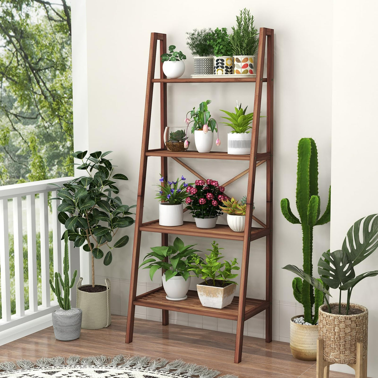 4-Tier Bamboo Bookshelf, Indoor Free Standing Plant Stand Display Rack w/Anti-Tipping