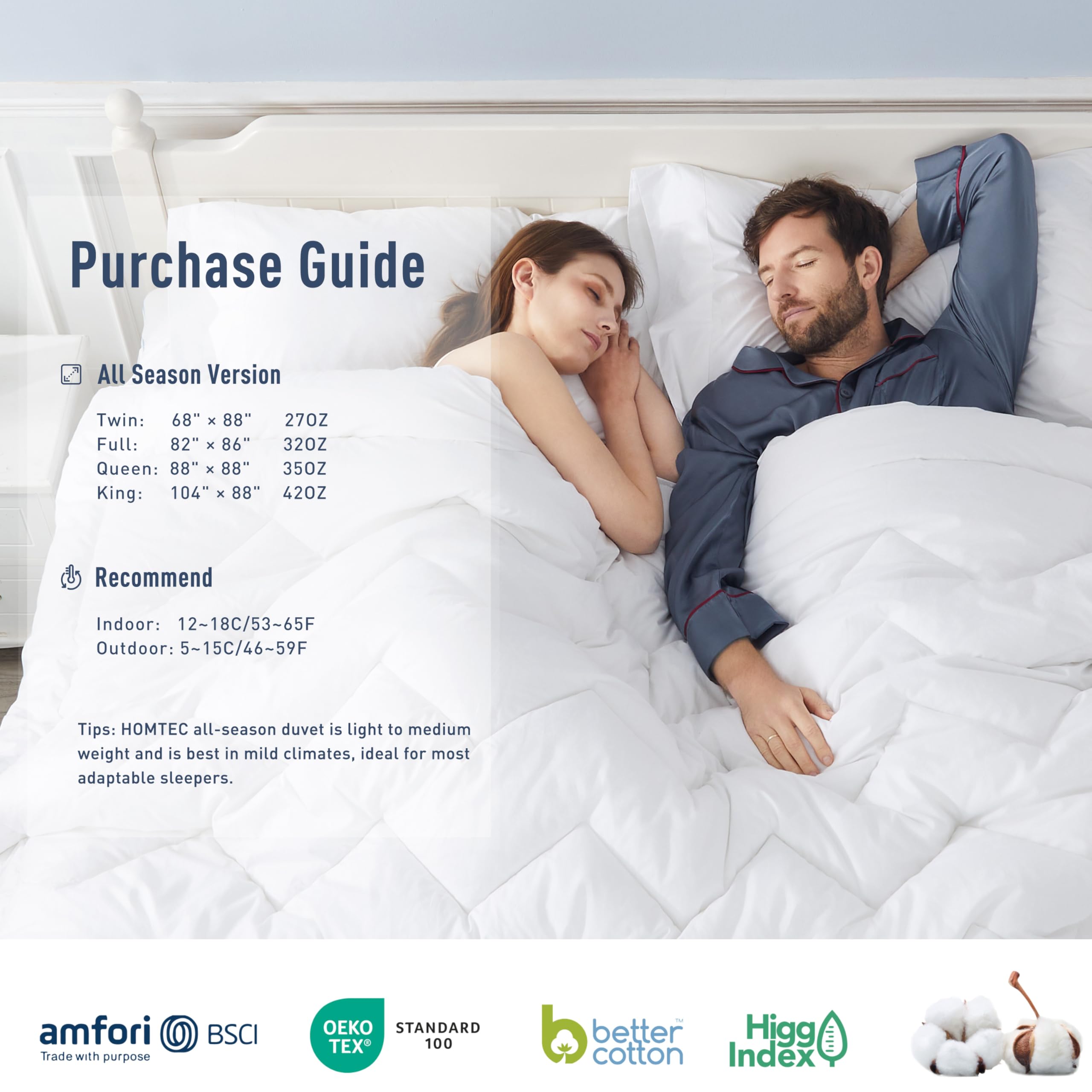 HOMTEC Duvet Insert Cotton Comforter Queen Size White Down Alternative Duvet Insert 100% Cotton Quilted Fluffy Comforter Lightweight All Season 4 Corner Tabs Durable Breathable Noiseless