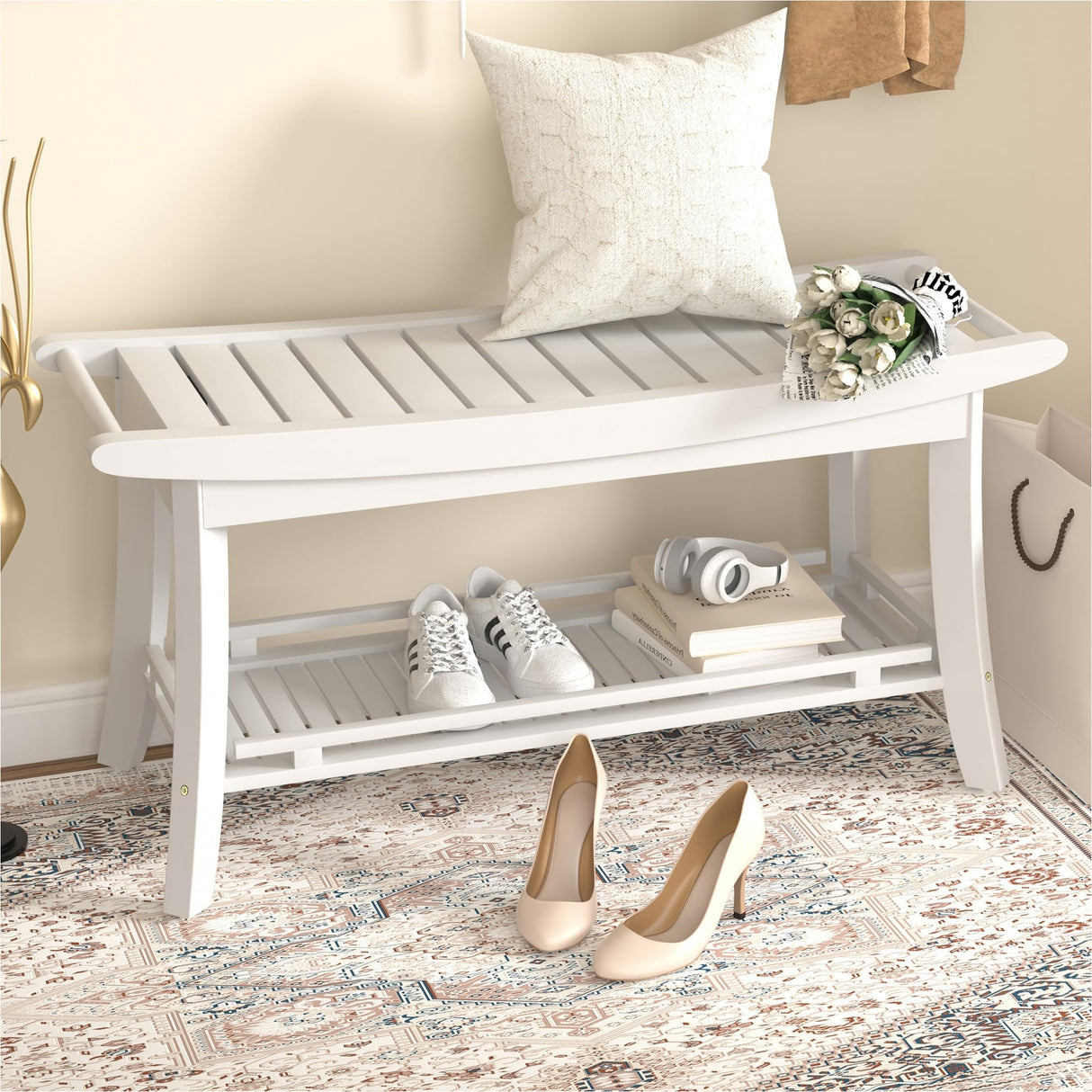 Bamboo Entryway Storage Bench with Shelves Shoe Rack Bench Seat Organizer for Porch Bedroom Bathroom Balcony 39 x 13 x 19.2 Inches White