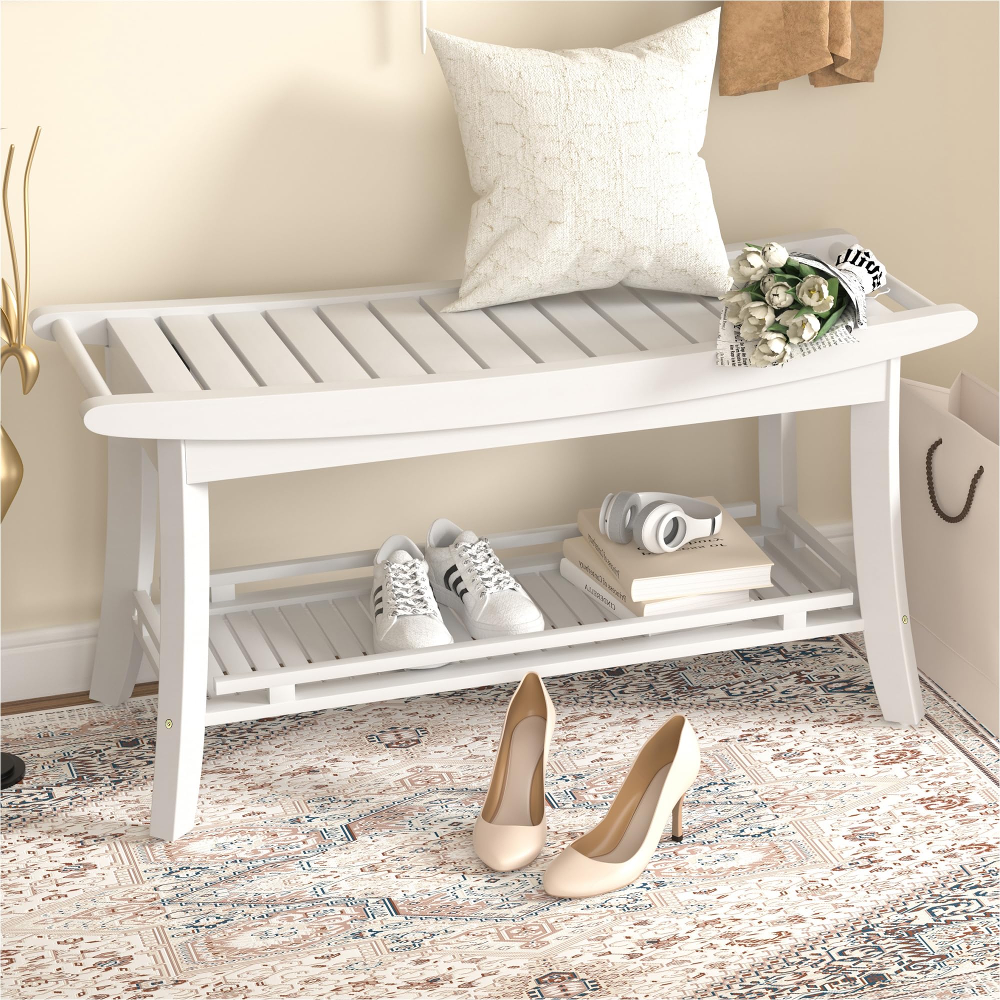 Bamboo Entryway Storage Bench with Shelves Shoe Rack Bench