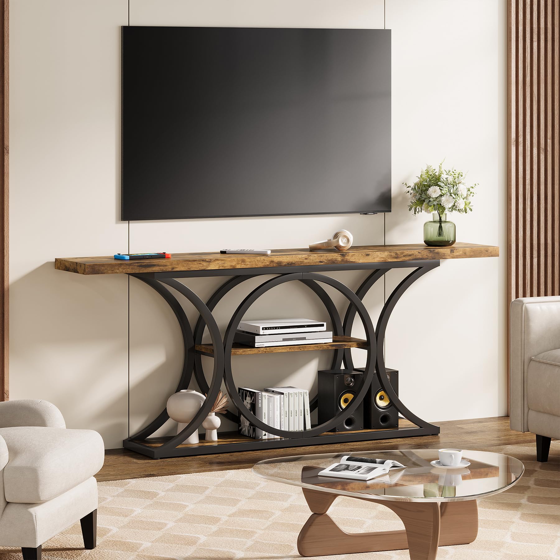 63 Inch Extra Long Rustic Industrial Console Table with 3-Tier Storage