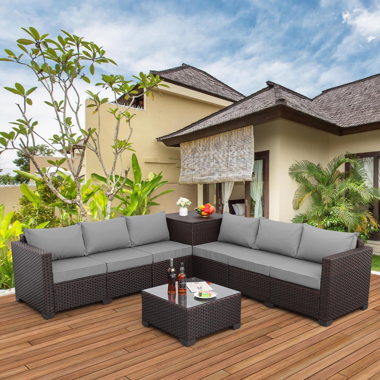 Wicker Patio Furniture 6 Pieces Outdoor Sectional Sofa Patio Conversation Sets