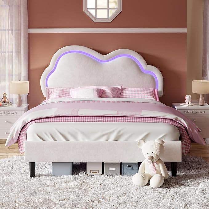 LED Bed Frame Full Size Velvet Upholstered Platform Bed with Adjustable Cloud Headboard,