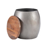 Pewter Hammered Metal Round Storage and Wood Top Janice Drum Side Table