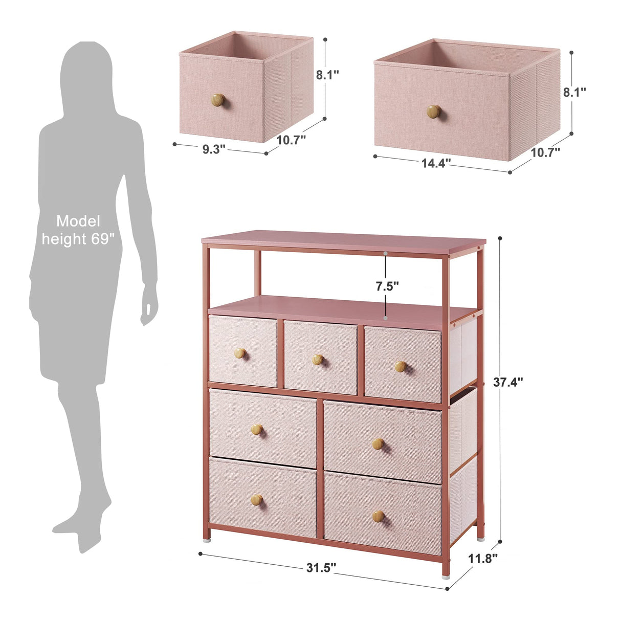 Pink Dresser, Dresser for Bedroom with 7 Drawers, Chests of Drawers & Fabric Dresser