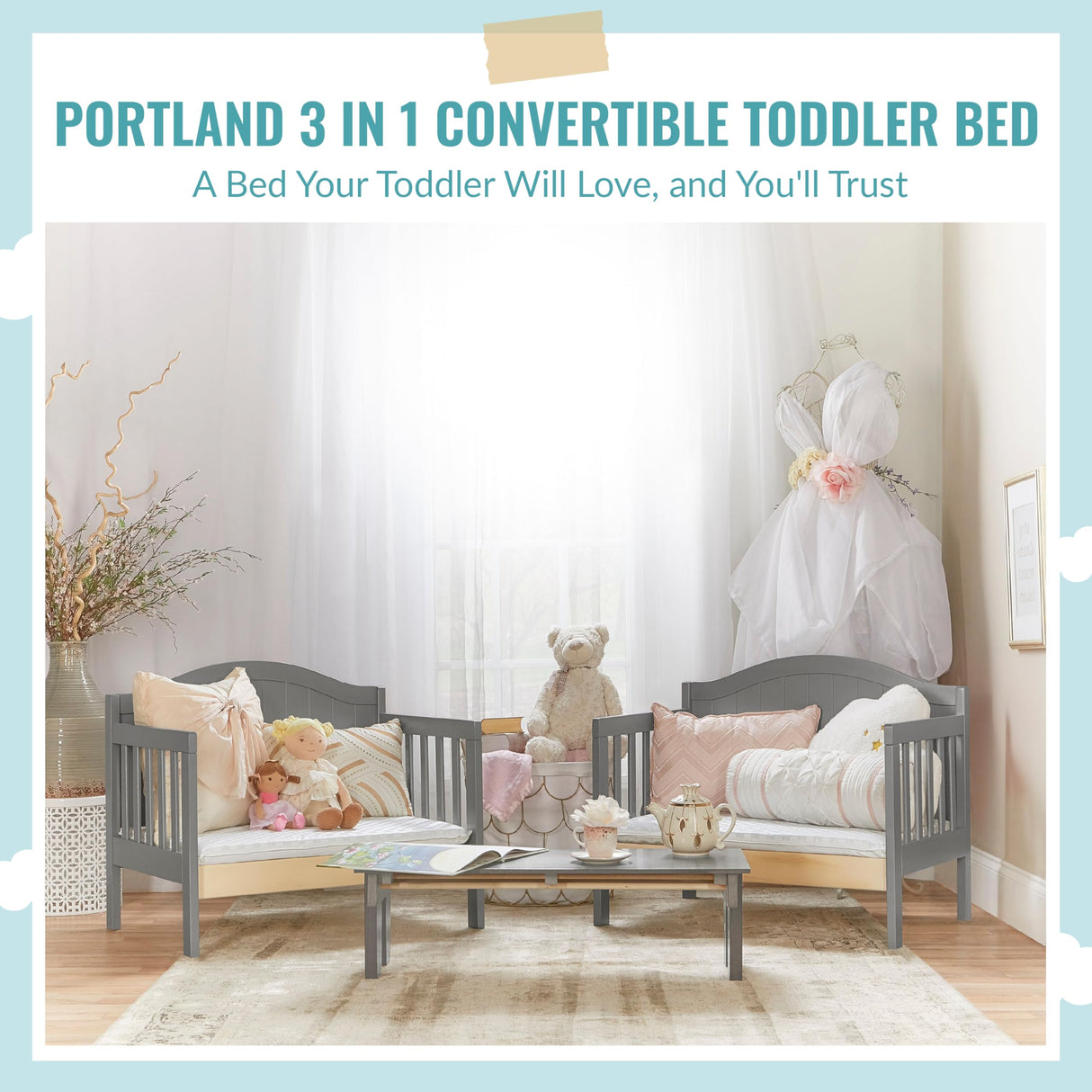 Dream On Me Portland 3 In 1 Convertible Toddler Bed in Steel Grey