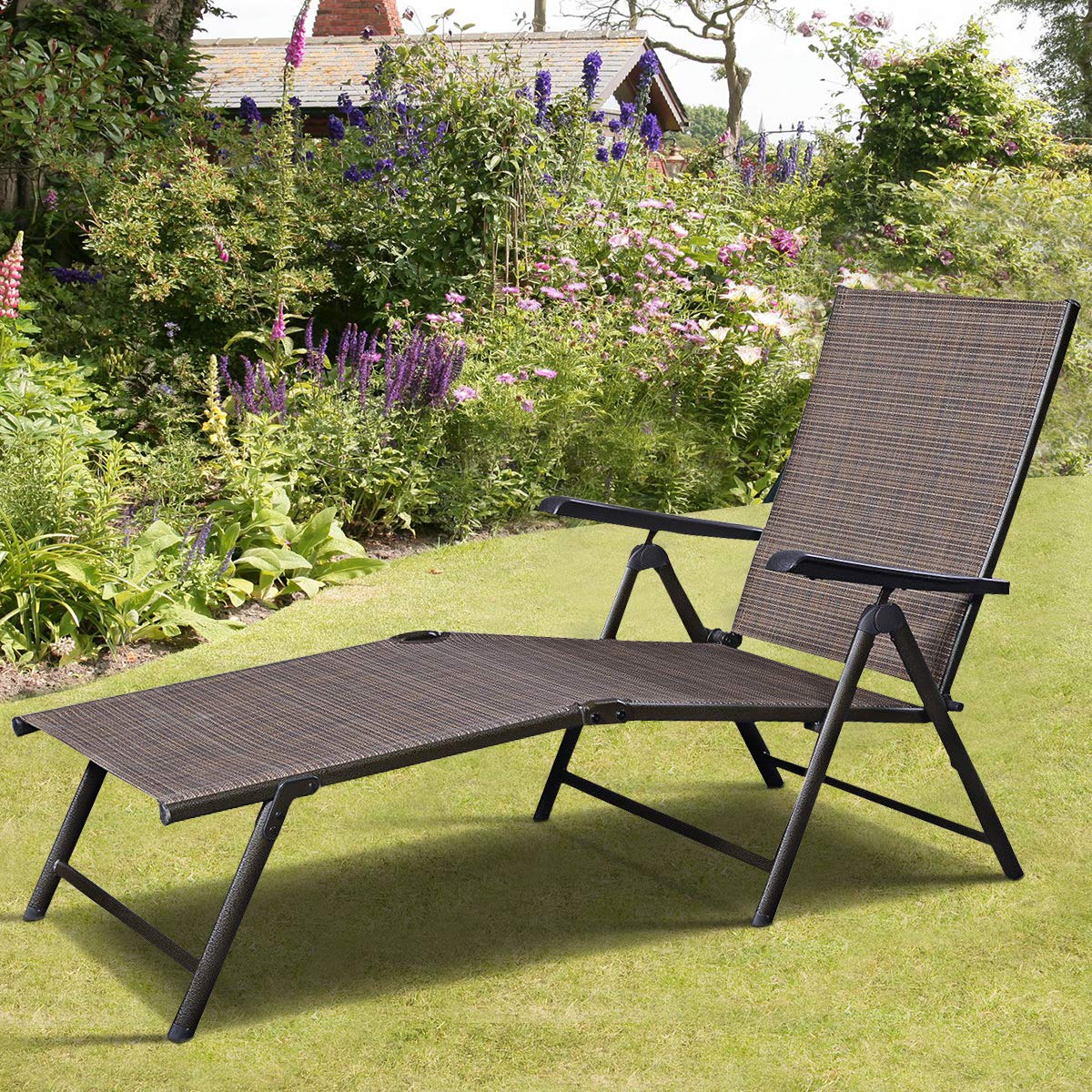 Chaise Lounge Chair with 5 Adjustable Reclining Positions, Patio Folding Recliner for Yard,