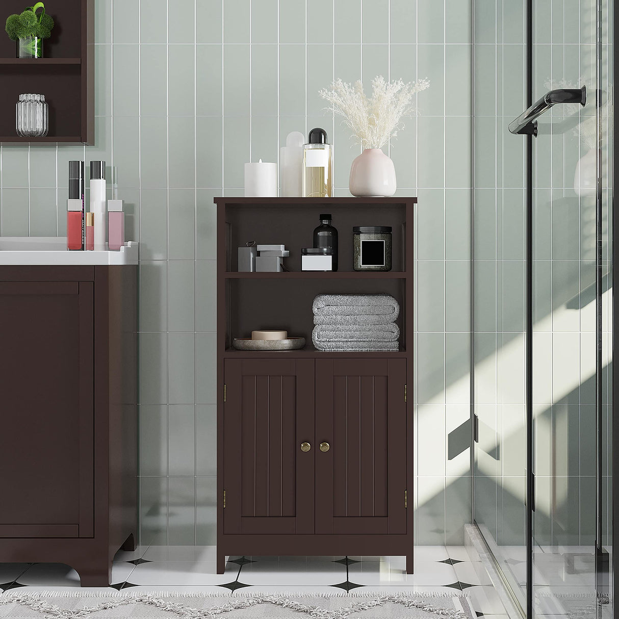 Bathroom Floor Cabinet, Free Standing Cabinet with Double Door and Inner Adjustable