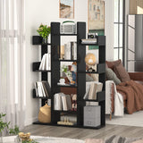 Tree-Shaped Bookcase Storage Shelf with 13 compartments, Books Organizer Display Cube Shelves, Industrial Free Floor Standing Wood Open Bookshelves, Black