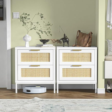 White nightstands with 2 Drawers, Natural Rattan Night Stand, White End Table with Metal Legs, Bedside Table for Bedroom