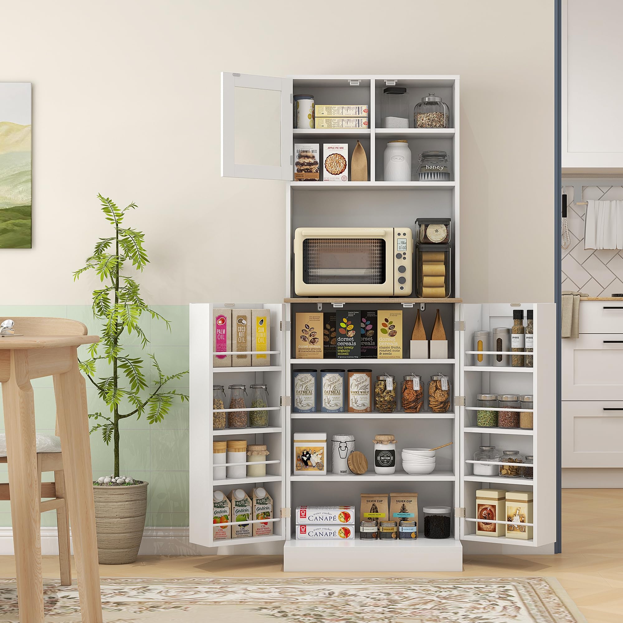 66.5" Pantry Cabinet with Microwave Stand, Freestanding Kitchen Storage Cabinet