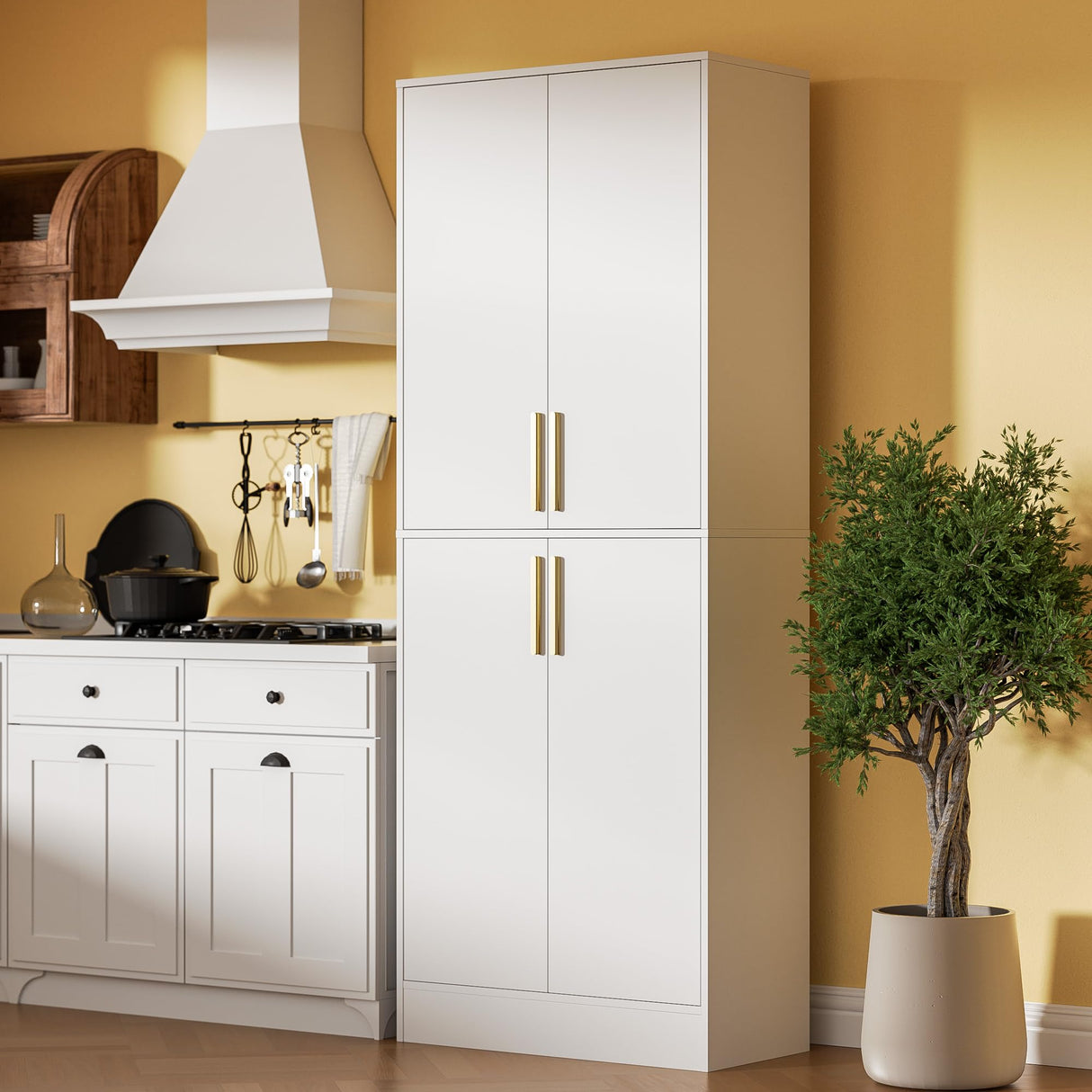 Housoul 71" Tall Pantry Cabinet, 4 Doors Kitchen Pantry Storage Cabinet, Freestanding Larder Cupboard, Kitchen Hutch Cabinet, Utility Pantry with Gold Handles for Kitchen, Dining Room, Bathroom, White