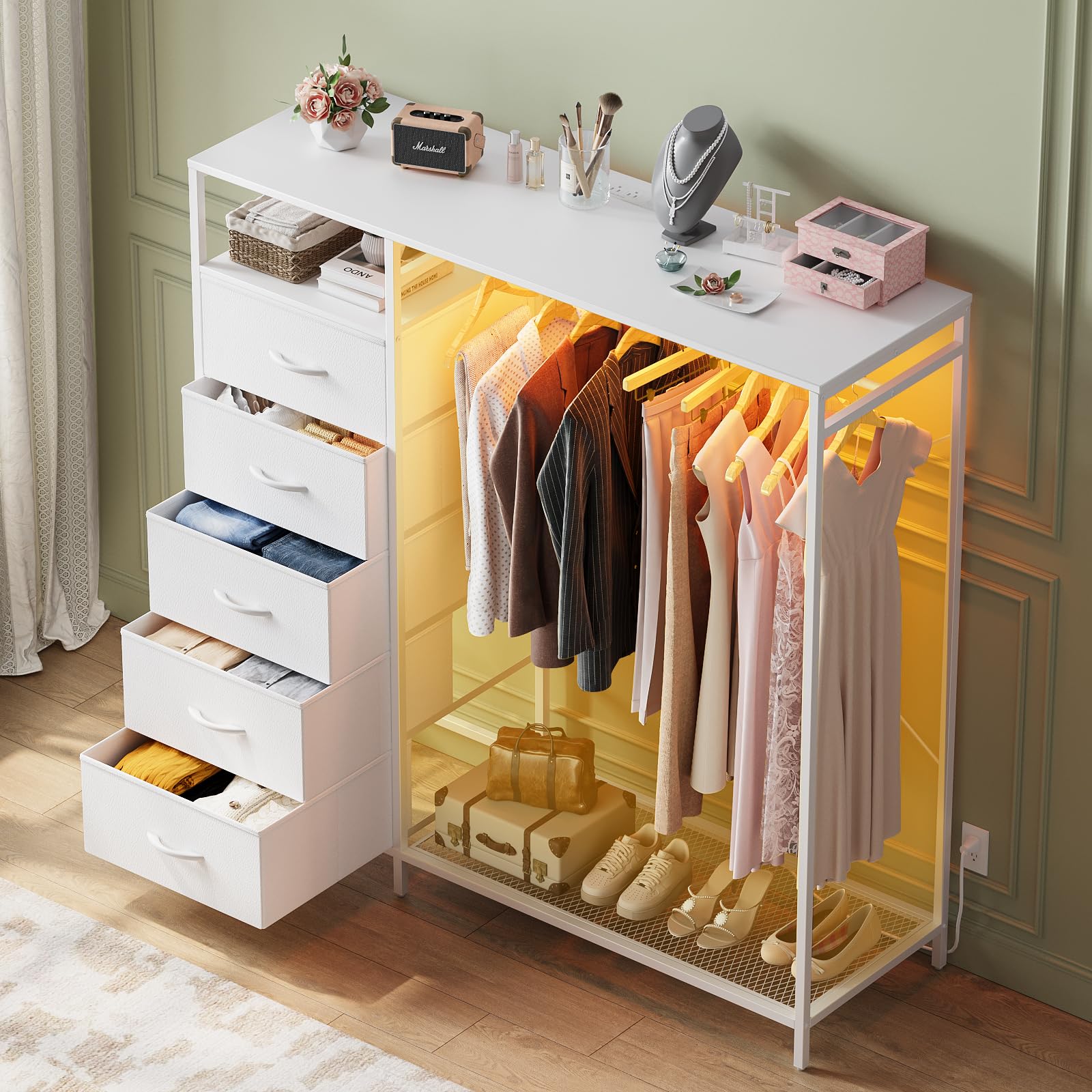 White Dresser with Hanging Rack, Dresser for Bedroom with 5 Drawers