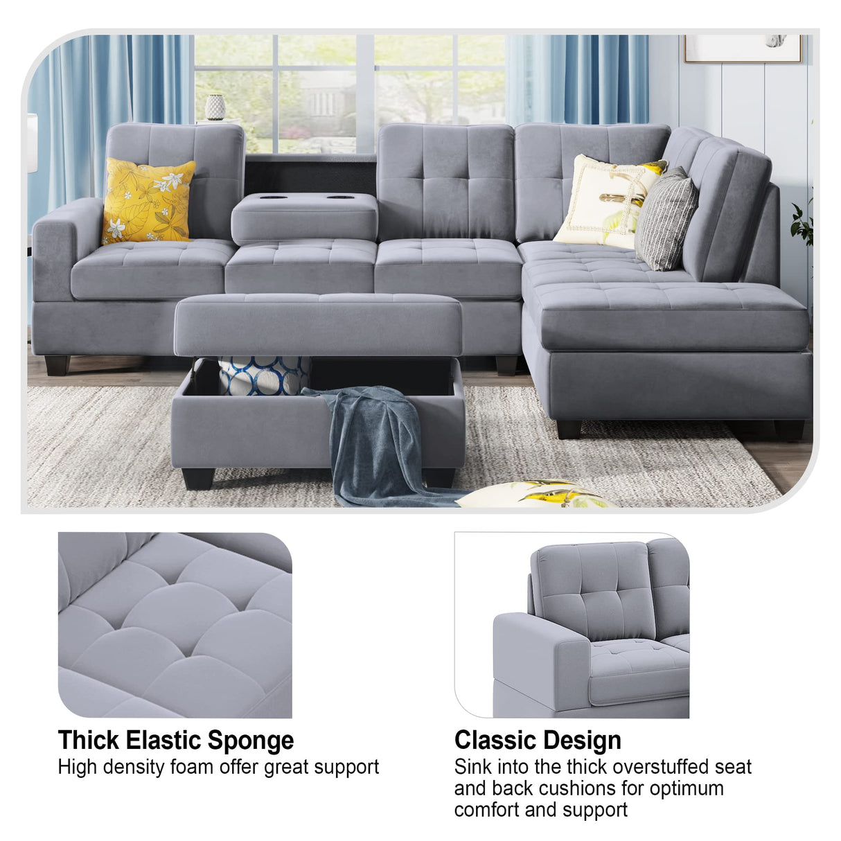 L-Shaped Corner Reversible Sectional Sofa Couch W/Chaise & Storage Ottoman