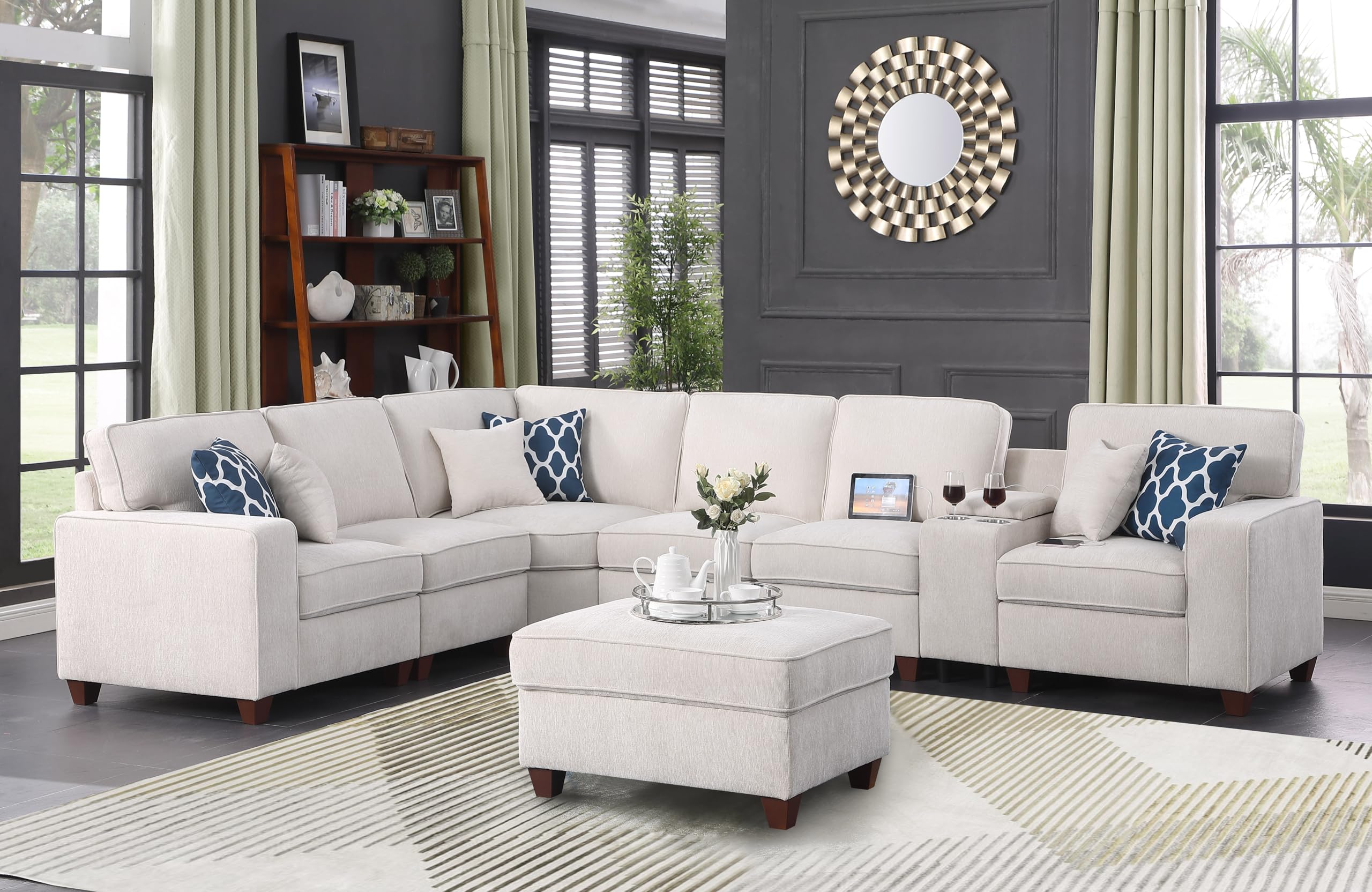 127" L-Shaped Sectional Couch with Movable Ottoman & 6 Throw Pillows