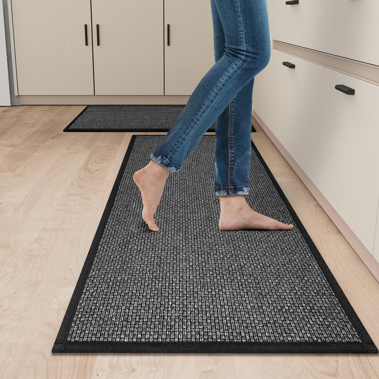 SUMLANS Kitchen Mat Set of 2 PCS, Cushioned Non Slip Rugs for Kitchen Floor, Absorbent Runner Comfort Standing Mats Washable for Kitchen, Office, Home, 17.3"x47"+17.3"x30" (Black)