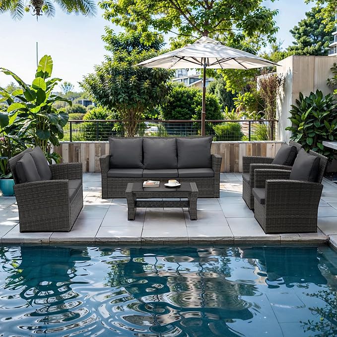 4 Piece Outdoor Patio Furniture Sets, Wicker Conversation Set for Porch Deck