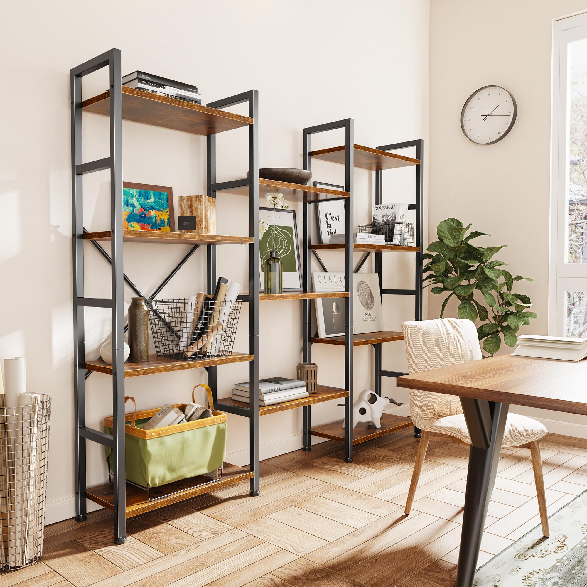 Triple 4 Tier Bookshelf, Bookcase with 11 Open Display Shelves, Wide Book Shelf Book Case for Home & Office, Rustic Brown
