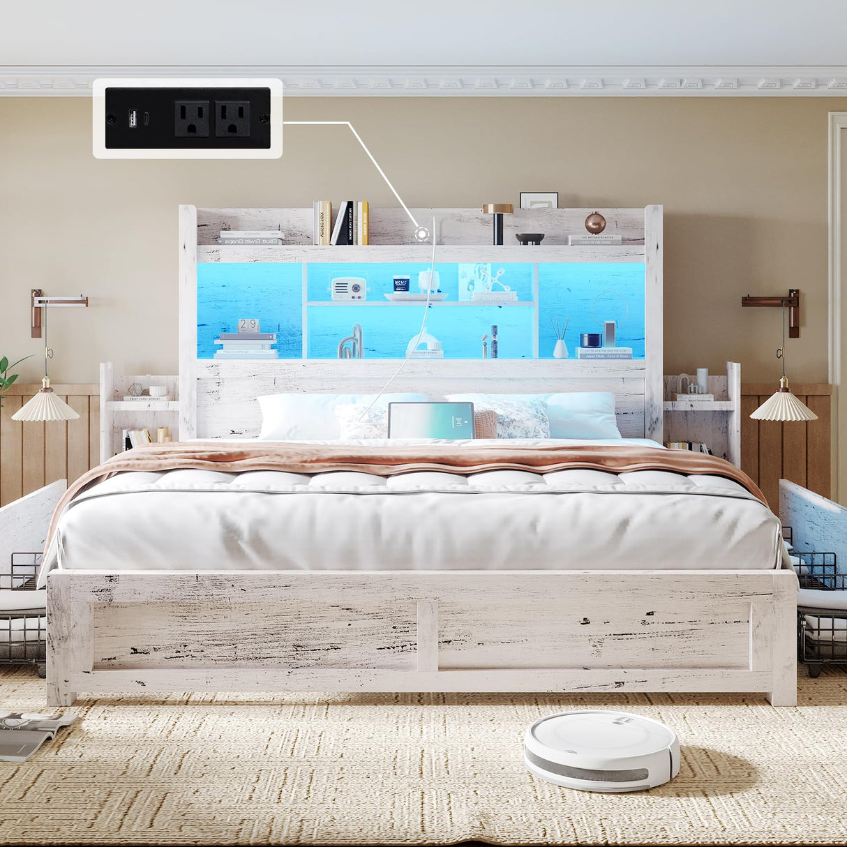 King Bed Frame with 49.6" Bookcase Headboard & 2 Detachable Bedside Stoage Racks