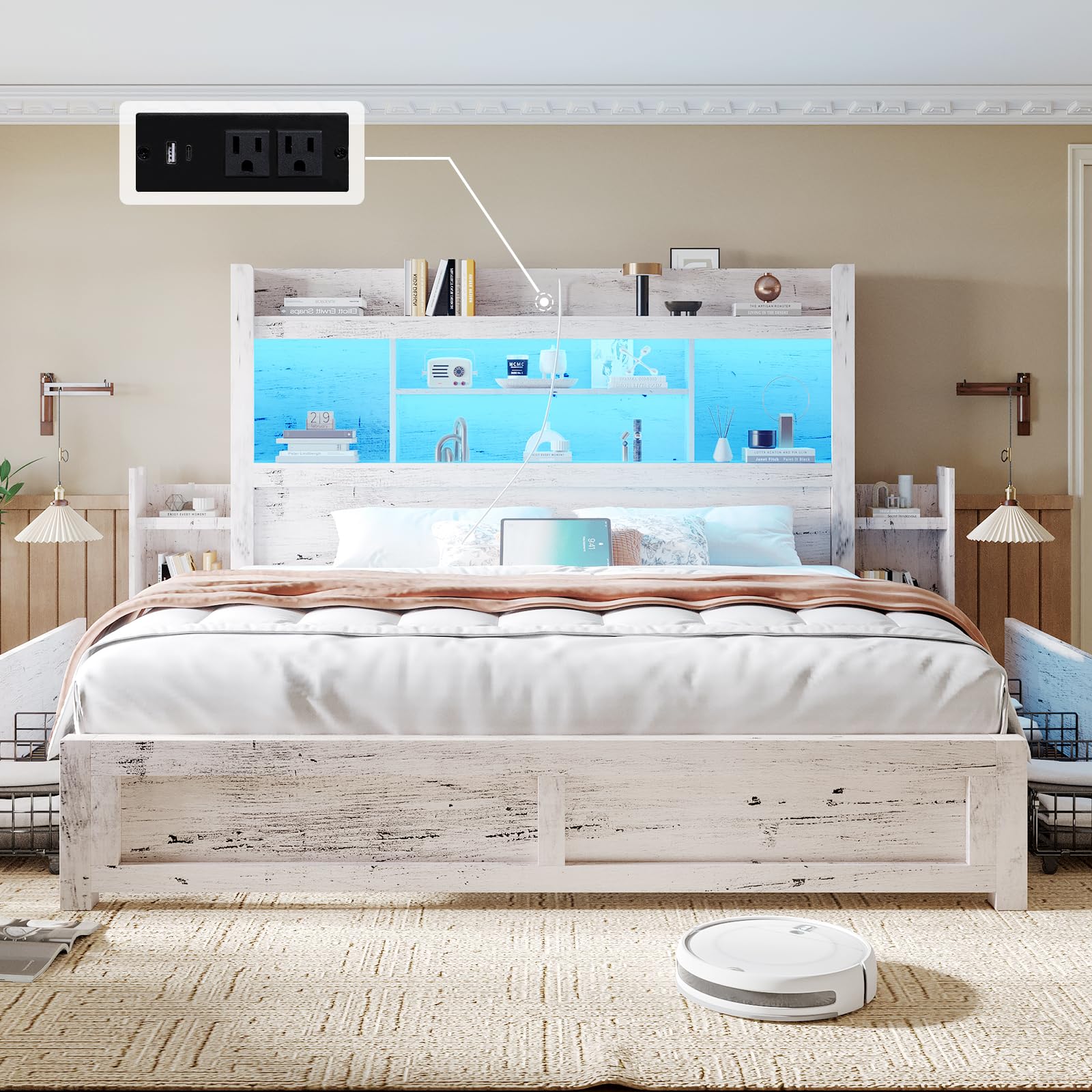 King Bed Frame with 49.6" Bookcase Headboard & 2 Detachable Bedside Stoage Racks