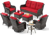 5 Piece Outdoor Patio Furniture Set Wicker Conversation Bistro Set Swivel Rocking Chairs with Side Table and Ottomans for Backyard, Porch, Deck(Mixed Grey/Orange)