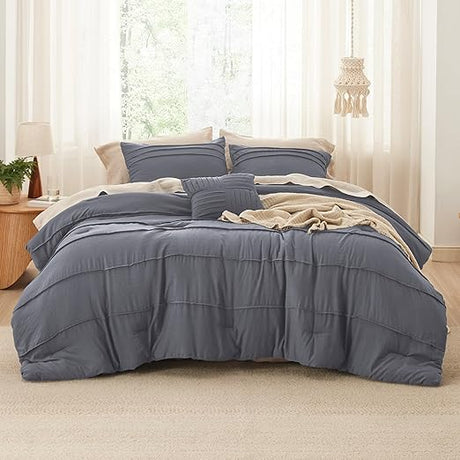 Navy Blue King Size Comforter Set - 4 Pieces Pinch Pleat Bed Set, Down Alternative