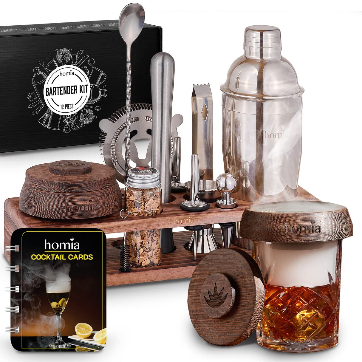 Kit with Whiskey Smoker - 13 pcs, Pine Stand - Bar Set with Cocktail Shaker